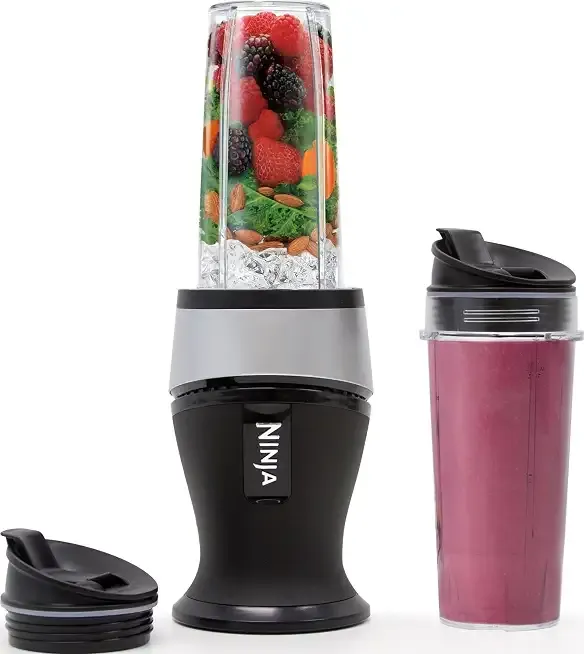 Fit Compact Personal Blender, 700W, (2) 16oz Cups, QB3001SS | 700-watt base blends smoothies, shakes & frozen drinks. (2) 16-oz to-go cups w/ spout lids. Dishwasher safe.