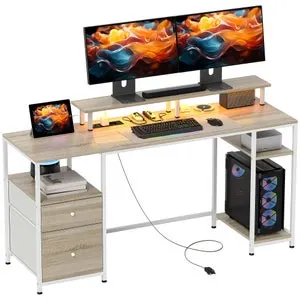 Mesa Ordenador LED 155cm con Cajones Estantes USB Soporte Monitor