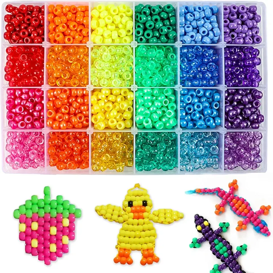 Quefe 2880pcs Pony Beads Kit, Kandi Beads for Hair, Rainbow Beads Plastic Bead for Craft 6 x 9mm 24 Colors 4 Styles Large Hole Beads Set for Bracelets Jewelry Making