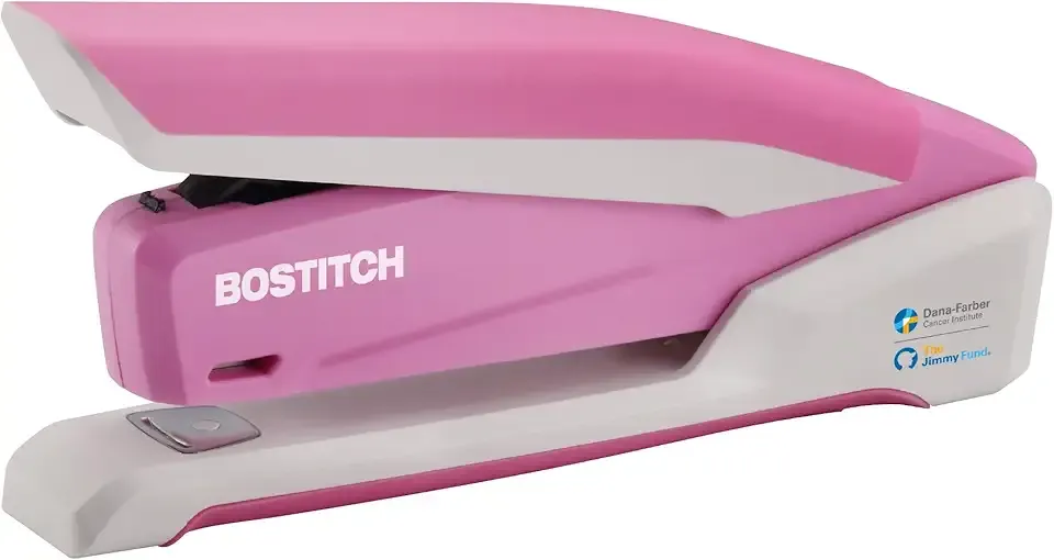 Bostitch Office InPower Spring-Powered Desktop Stapler, 20 Sheet Capacity, One Finger Stapling, Includes 210 Staples, Jam Free, Opens for Tacking, Breast Cancer Awareness Pink