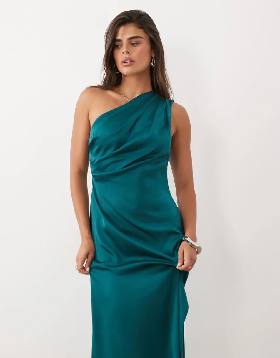 ASOS DESIGN one shoulder satin maxi dress with pleat detail in teal