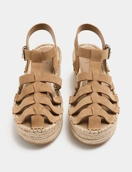 Suede Buckle Flatform Fisherman Espadrilles