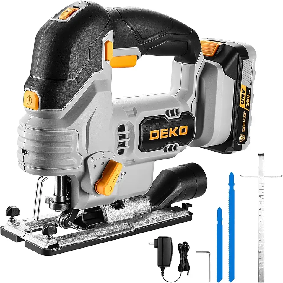 Jig Saw Cordless Electric Tool: DEKOPRO 20V Power Jigsaw with LED Light, 800-3000 RPM Variable Speed, 7/8" Stroke Length, 3 Orbital Settings, ±45° Bevel Cuts for Straight/Curve/Circle Cutting (Gray)
