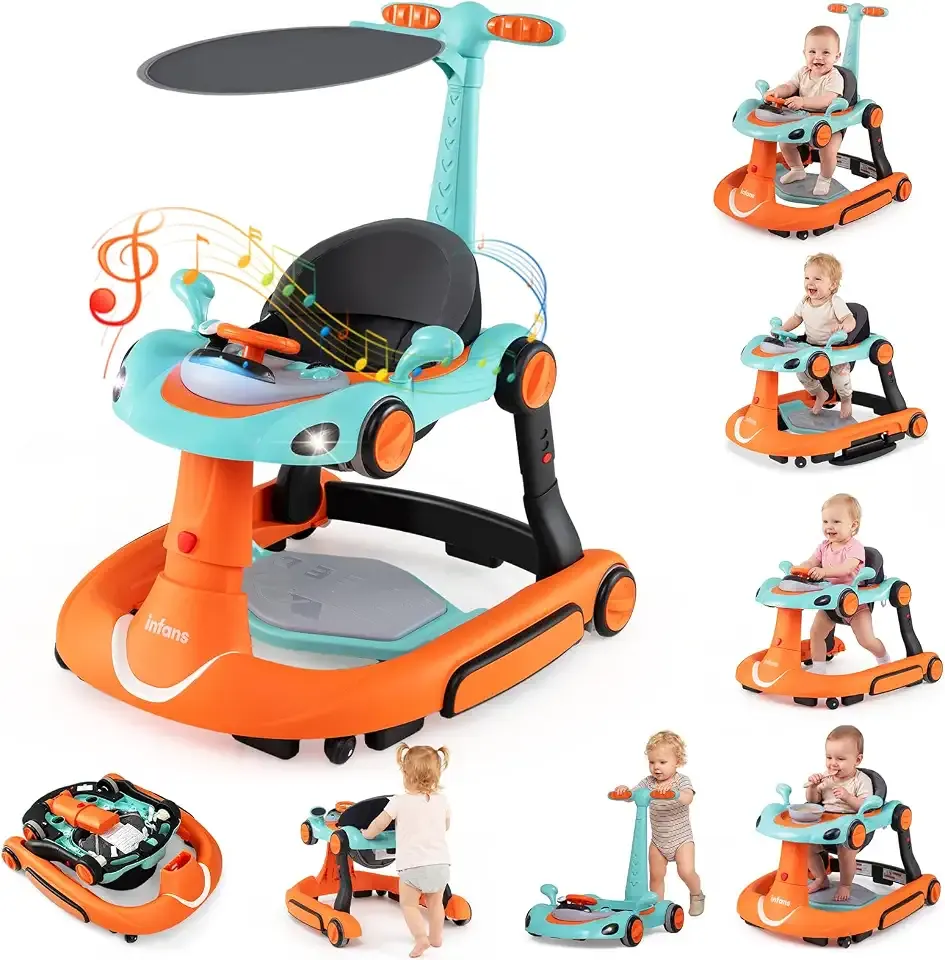 INFANS 9-in-1 Foldable Baby Walker with Handle, Sun Canopy, Orange
