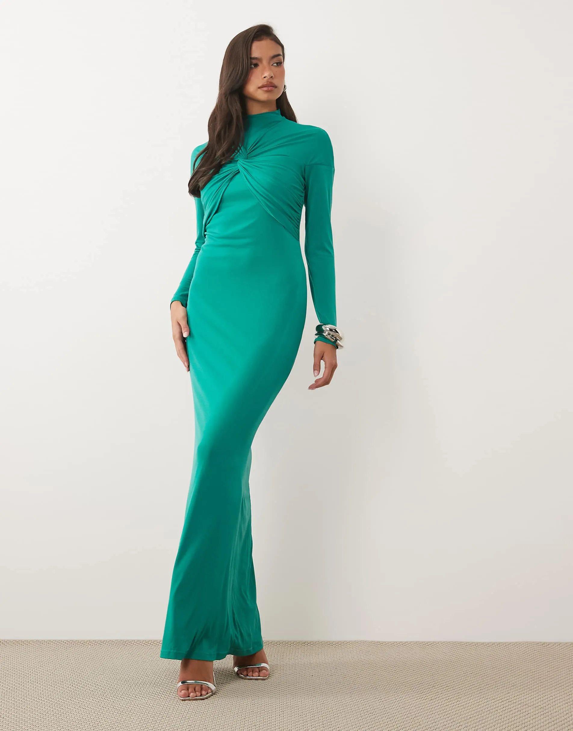 TFNC slinky high neck bust detail maxi dress in bright green