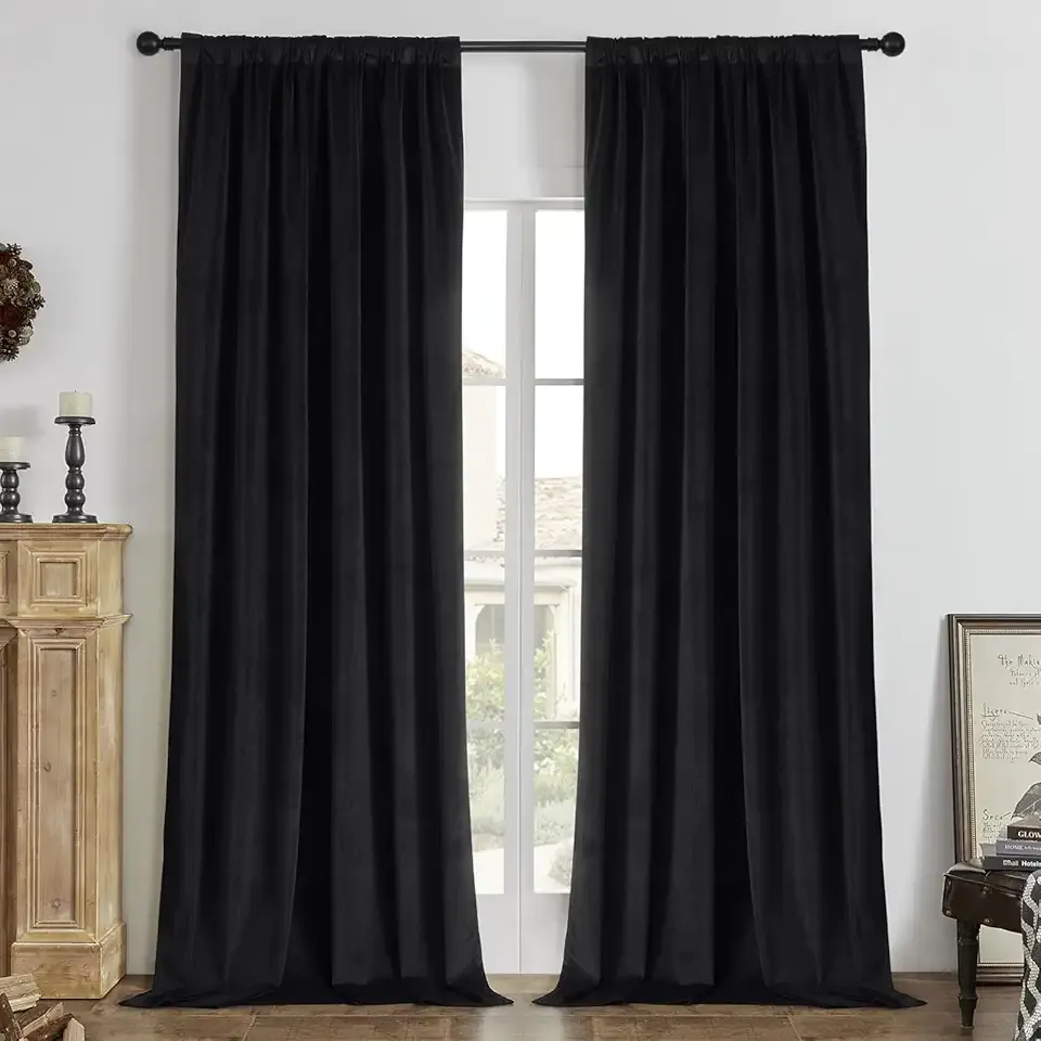 Black 100% Blackout Curtains 84 Inch 2 Panels, Luxury Thermal Insulated Black Velvet Curtains for Bedroom Living Room, Soundproof Blackout Window Drapes, Rod Pocket & Back Tab (52W x 84L)