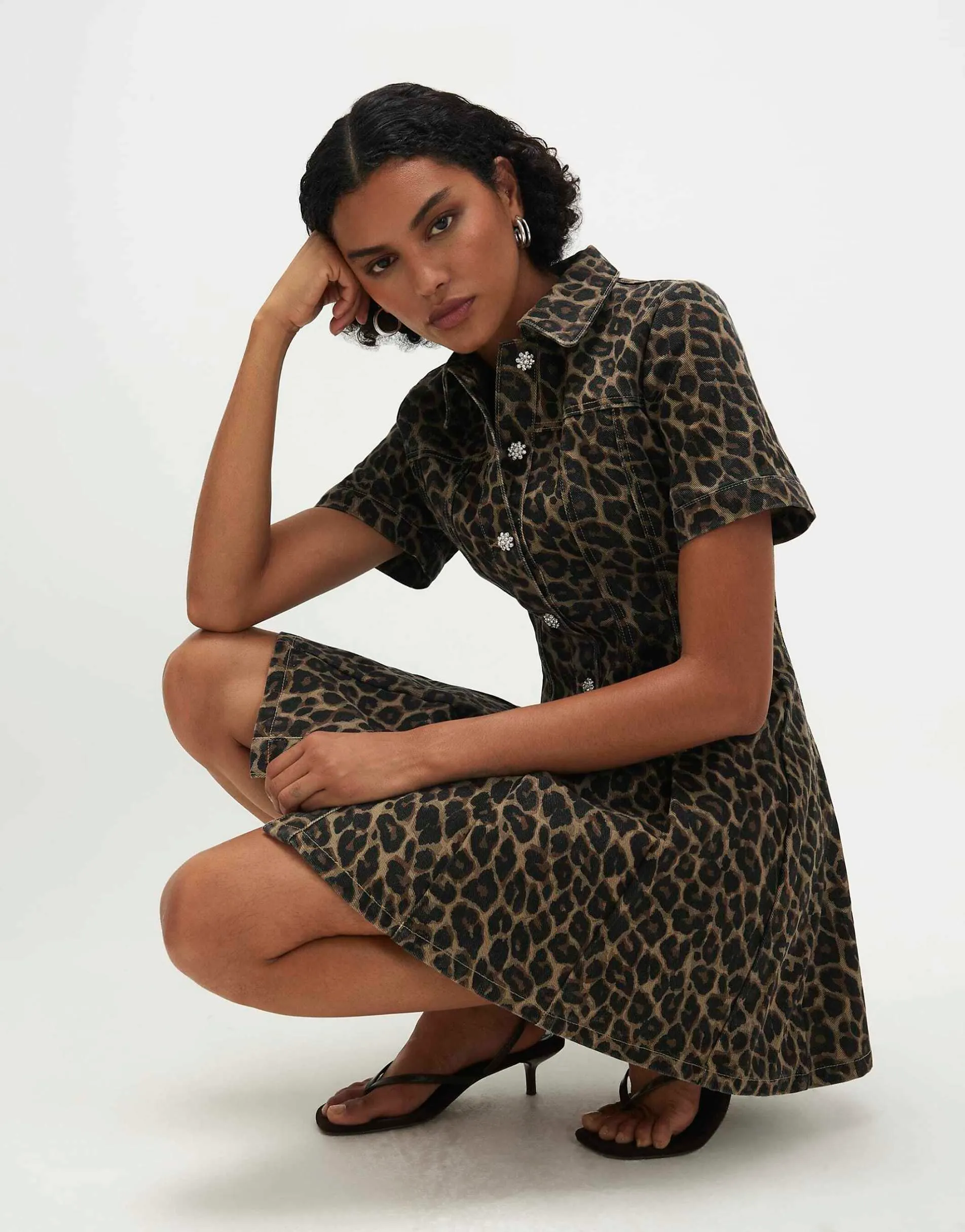 River Island Leopard print pleat front denim dress in brown