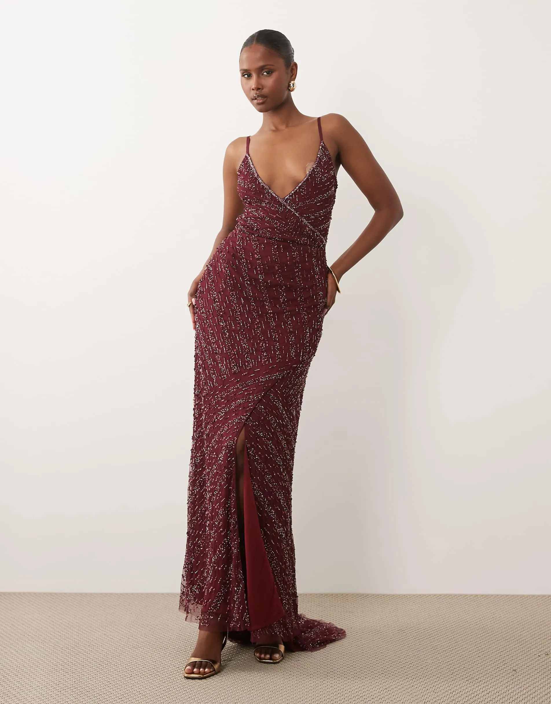 Beauut embellished cami v neck wrap maxi dress in burgundy