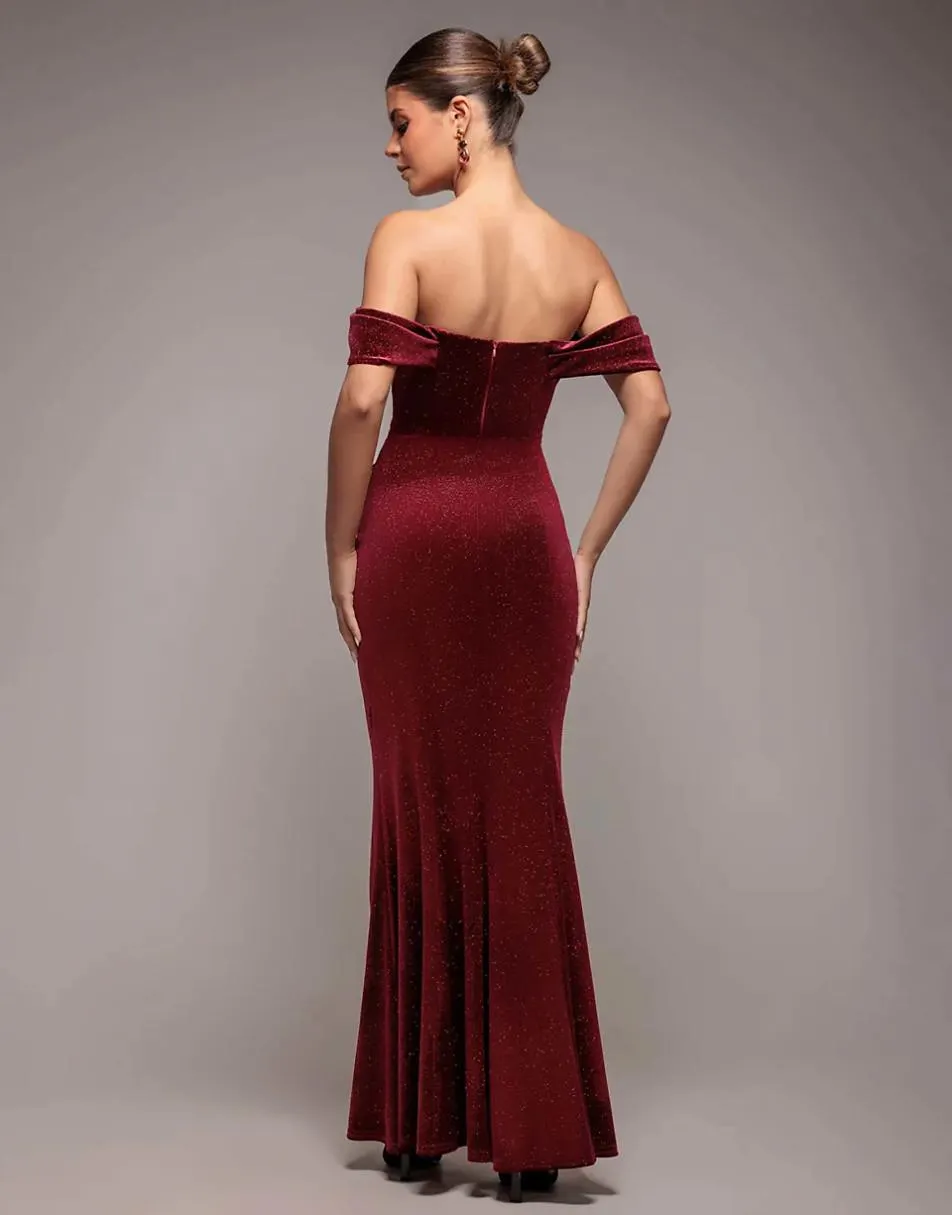 Goddiva Glitter velvet cowl neck pleated waist maxi dress in wine