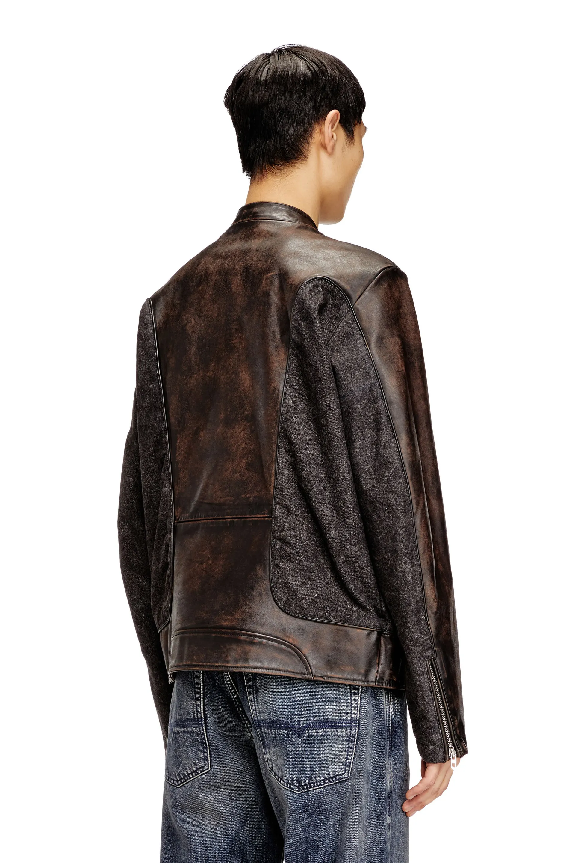 Piped biker jacket in leather and denim
