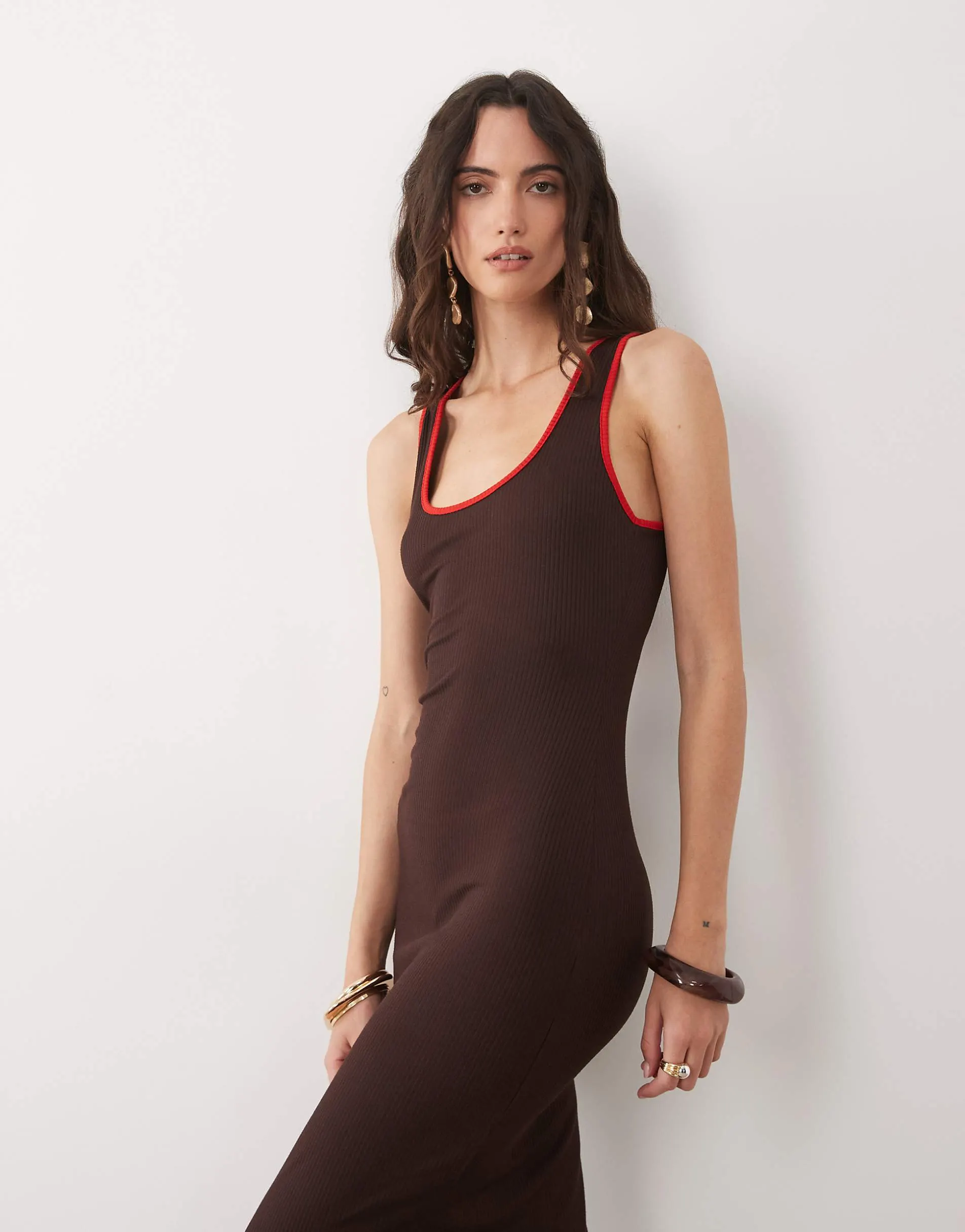 ASOS DESIGN halter neck bodycon midi dress in brown and red tipping