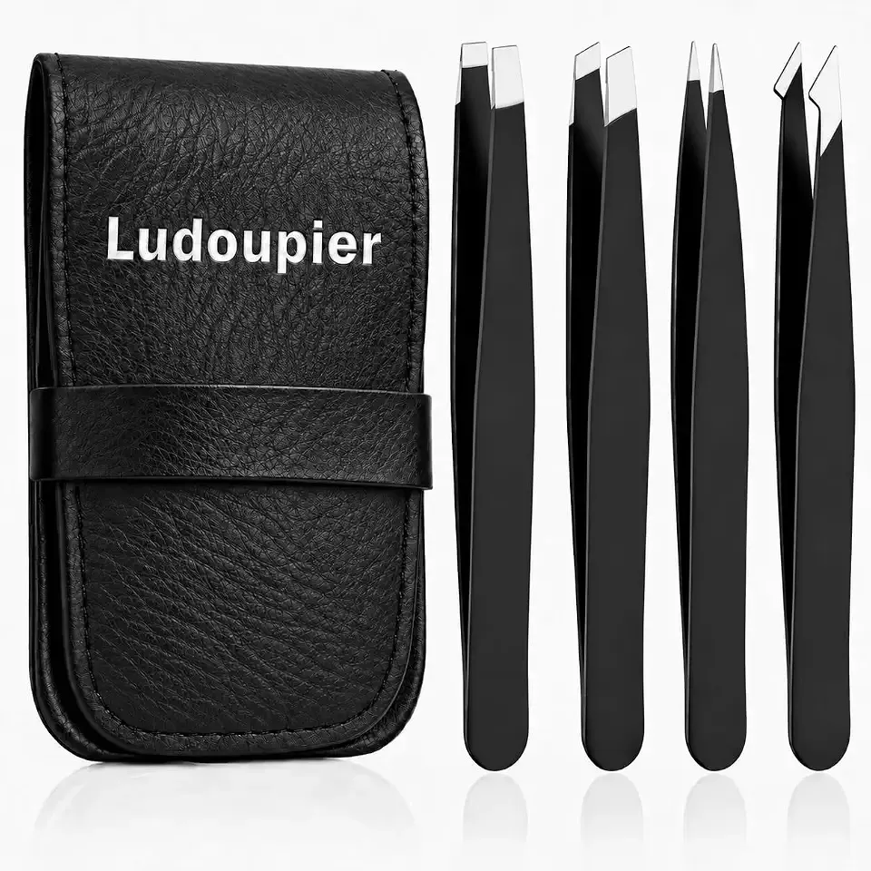 LUDOUPIER [4 Pieces +1] Tweezers Set with Travel Case for Women & Men