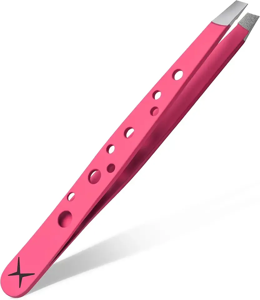 Precision Eyebrow Tweezers – Hand Finished Japanese Stainless Steel, Perfect Alignment, Slant Tip for Fine Hair, 9-Hole Grip, Unique Colors (Electric Pink)