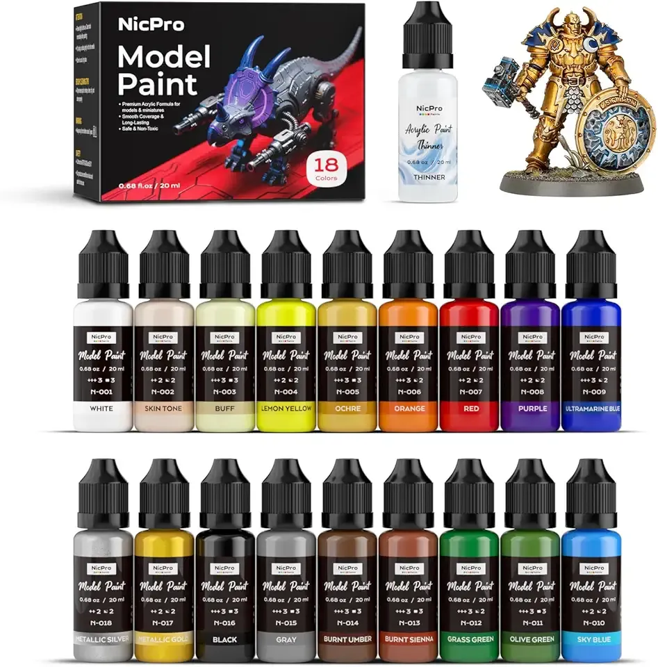 Nicpro 18 Colors Model Paint Set, 20ml Ready to Use Modeling Acrylic Paints, Brush & Airbrush Compatible, Miniature Paint Set for Beginners & Artists on Models, Figures, Crafts, Canvas, with 1 Thinner