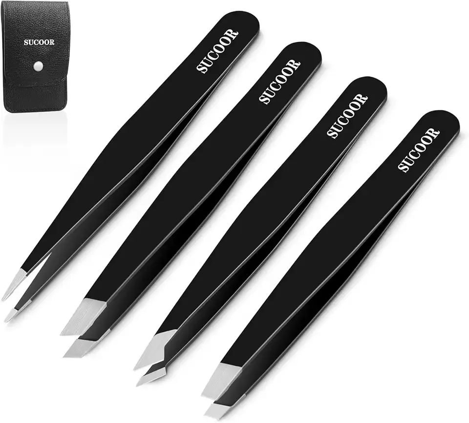 Tweezers for Women Facial Hair, 4Pcs Professional Beauty Tools Stainless Steel Precision Eyebrow Tweezers for Splinter Blackhead and Ingrown Hair Removal, Black