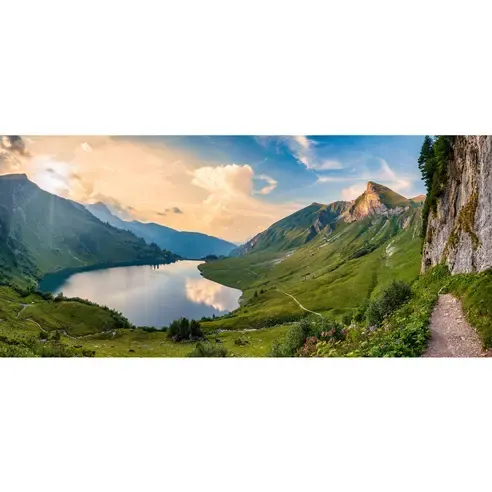 Keilrahmenbild BERGSEE BEI SONNENUNTERGANG - multicolor - 200x90 cm