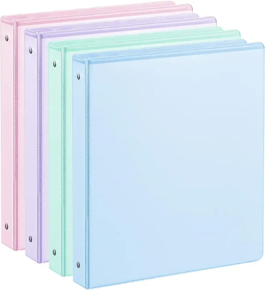 SUIN 1 Inch 3 Ring Binder, Clear 1'' View Binders with 2 Pockets, Fits 8.5 x 11 Letter Size, Durable Polypropylene, Non-Stick & PVC-Free for School, Office & Home (Pastel Blue, Green, Purple and Pink)
