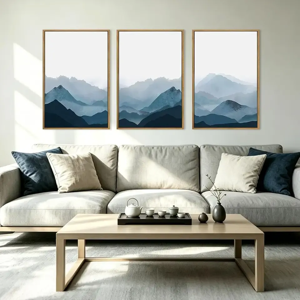 BINCUE Framed Blue Mountain Wall Decor Fog Blue Ridge Mountains Wall Art Minimalist Landscape Artwork Simple Blue Pictures Modern Mountain Wall Paintings for Living Room Bedroom Office 16x24 Inches Set of 3 Gift