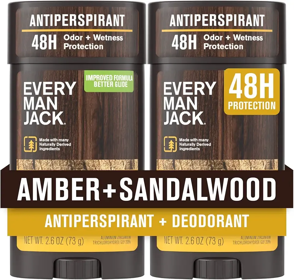 Every Man Jack Men’s Amber + Sandalwood Antiperspirant Deodorant – New & Improved Formula – 48-Hour Odor & Sweat Defense– 2.6 oz (2 Pack)