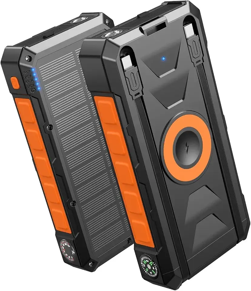 PD QC 3.0 Fast Charging, Built-in 2 Cables, Solar Charging, Outdoor Essentials & Bright Flashlight, External Battery Pack