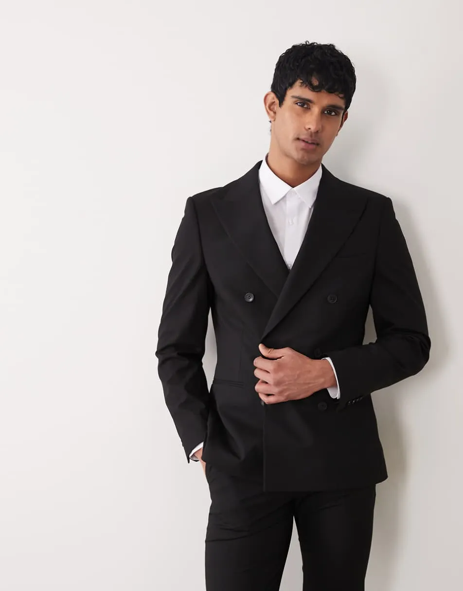ASOS DESIGN skinny double breasted suit jacket in black twill