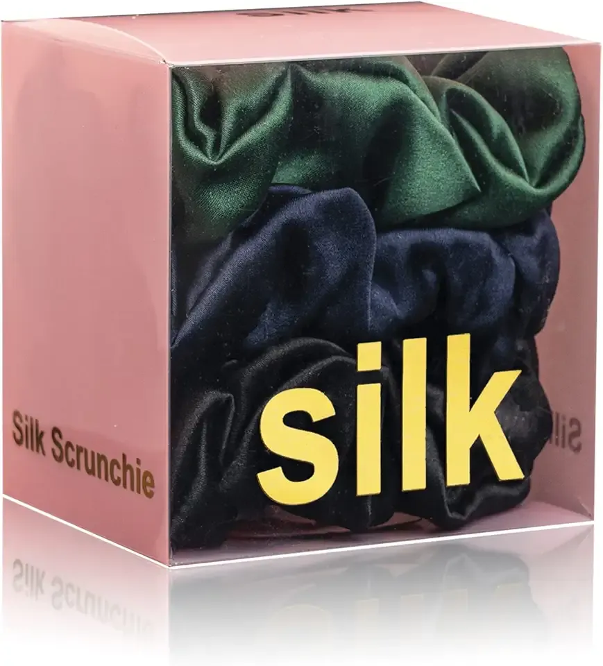 Silk Scrunchies for Hair 100% Mulberry Silk Hair Ties 3 Pack(Black, Navy Blue, Emerald)