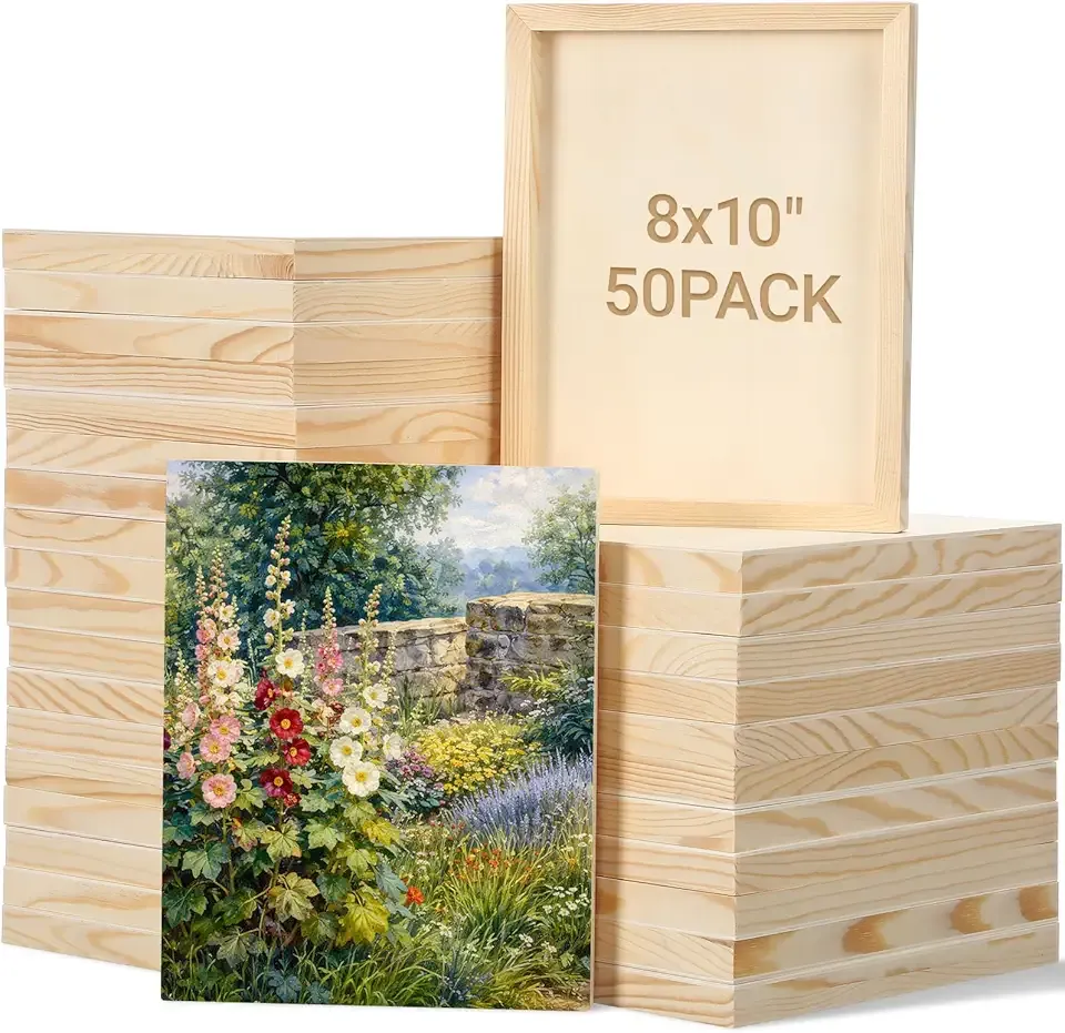 Novabright 50 Pack 8" x 10" Unfinished Wood Panels for Painting - 0.79" Deep Cradled Wood Canvas Boards for Acrylic, Oil, & Paint Pouring, DIY Art Projects, and Easel Display
