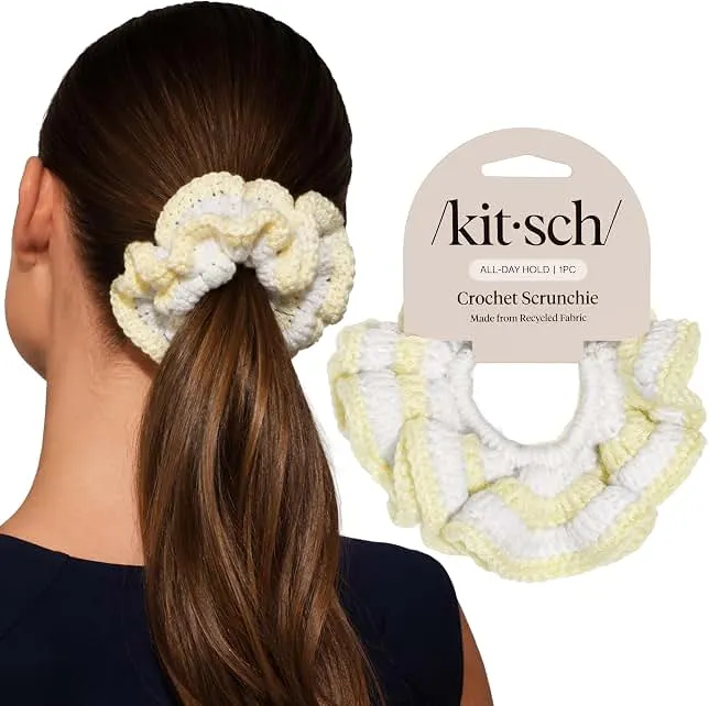 Kitsch Crochet Hair Scrunchie For Women - Butter Yellow, 1pc | Gentle, No Crease Hold – Hair Scrunchie For Girls – Fluffy Texture For Everyday…