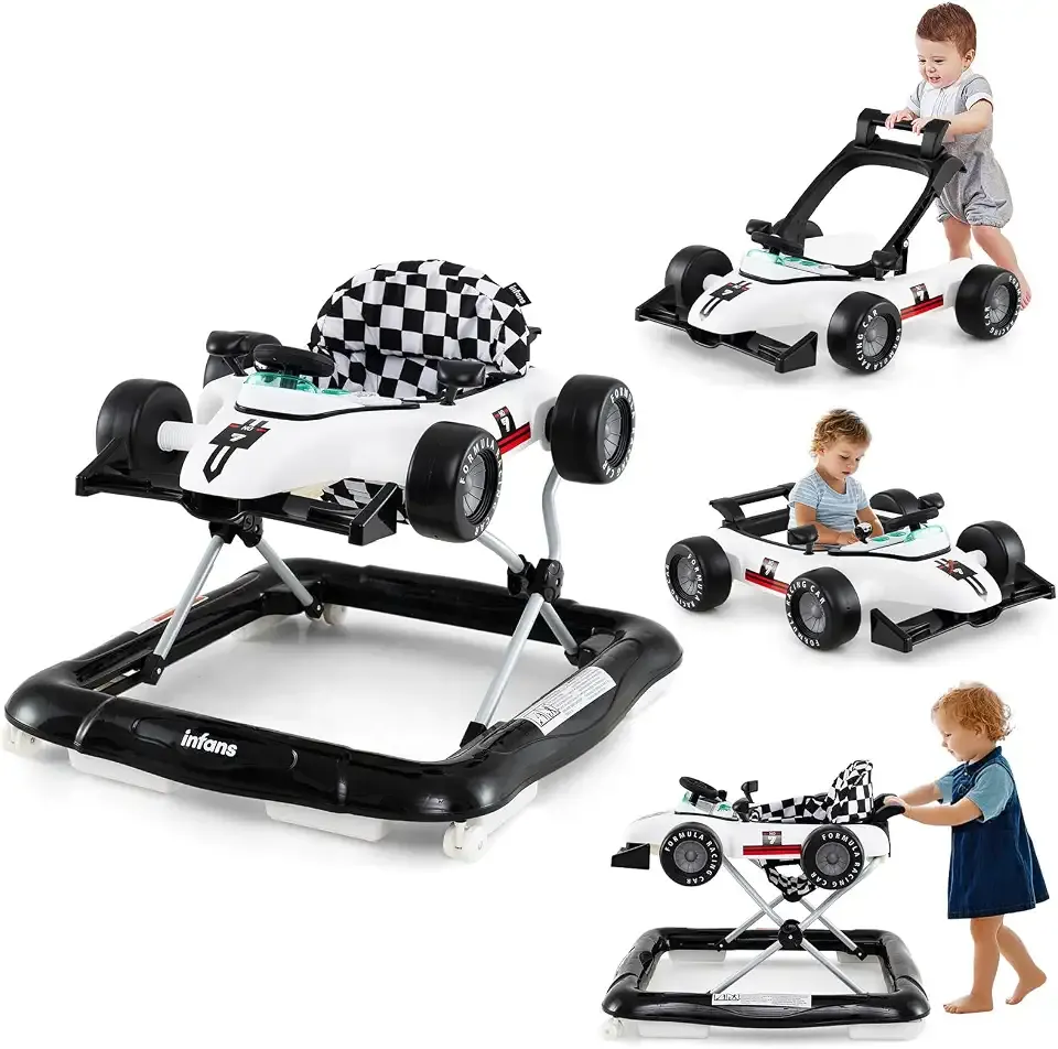 INFANS 4 in 1 Baby Walker, Foldable Toddler Activity Center with Adjustable Height, Padded Seat, Music, Light, Removable Tray, Push Walker for Girls Boys Aged 6-18 Months (Ivory)