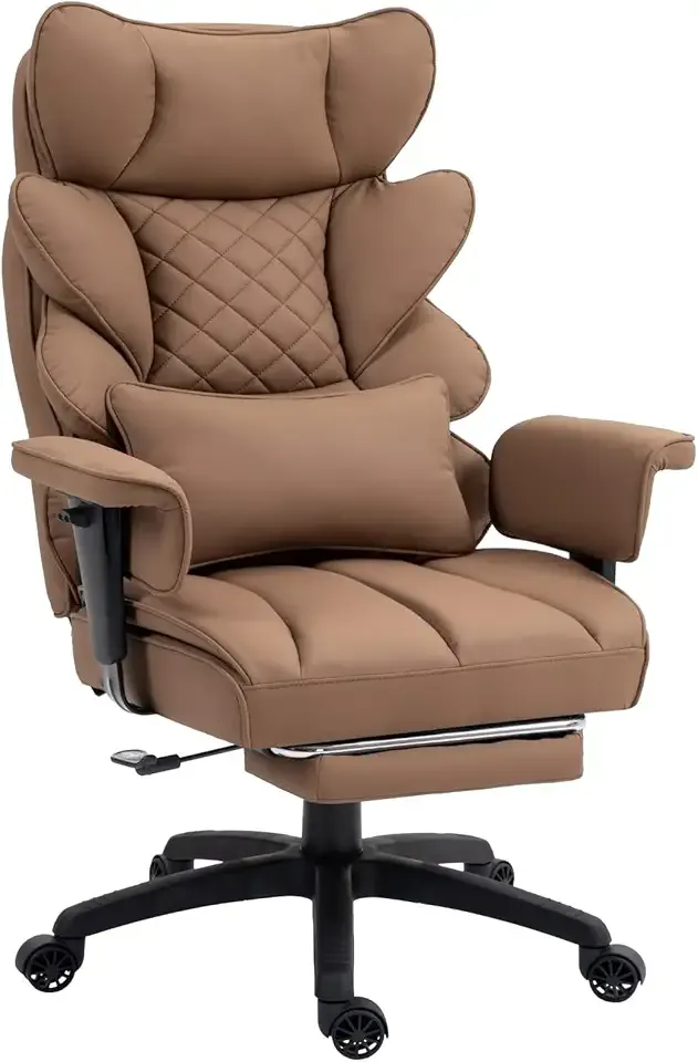 Dowinx Big and Tall Office Chair with Pocket Spring Cushion,High Back Computer Gaming Chairs with Adjustable Armrests,Executive Desk Chairs with Lumbar Support and Footrest,PU Leather-Brown