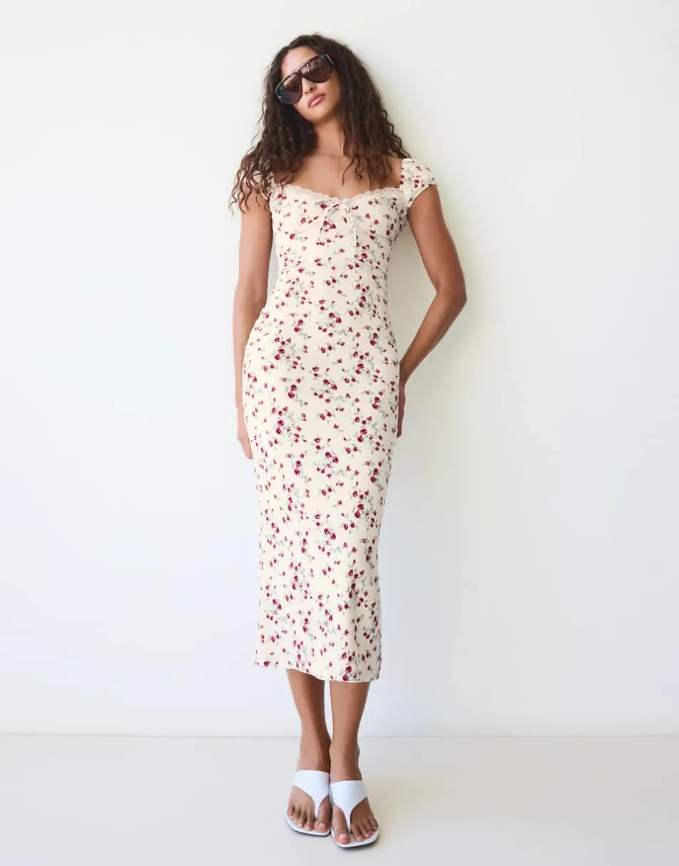 Bershka Lace crinkle midi dress in ecru