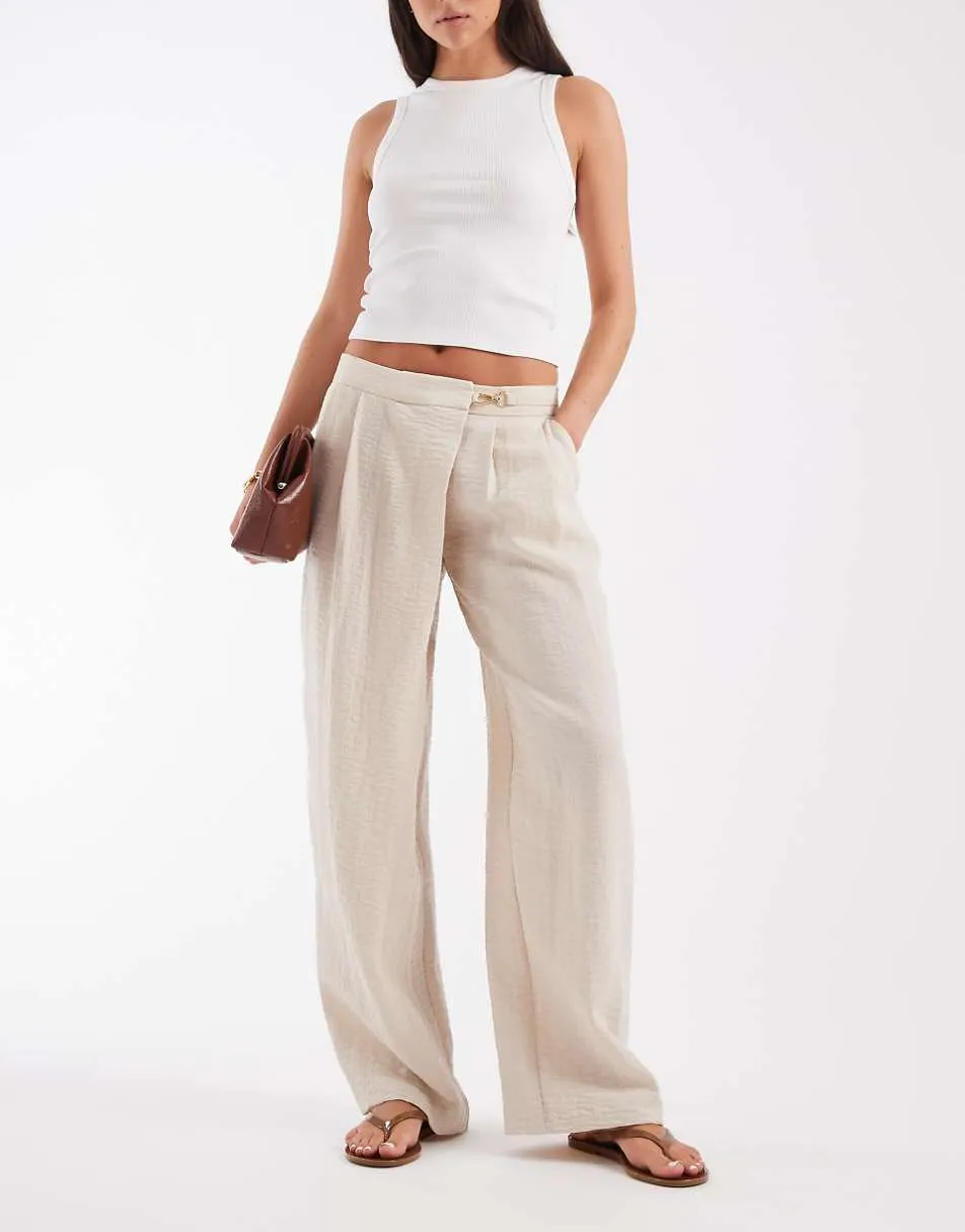 ASOS DESIGN Tailored wrap front resin buckle detail trousers with linen in natural