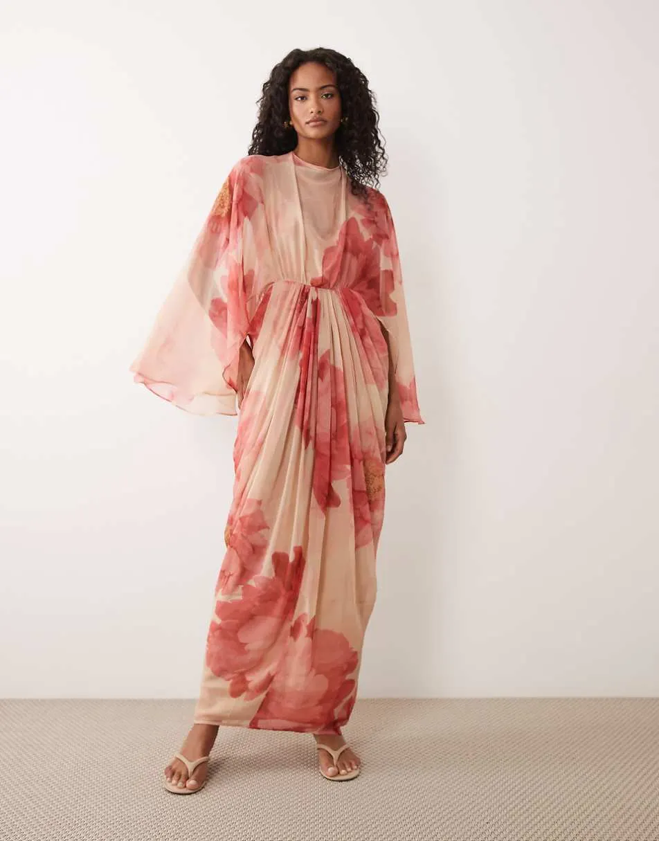 ASOS DESIGN draped cape bodice with skirt and open back with tassel detail maxi dress in pink floral
