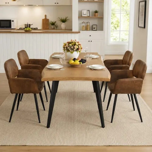 Homy Casa 5-Piece Modern Versatile Dining Set, 63" Live Edge Table & 4 Brown Armchairs