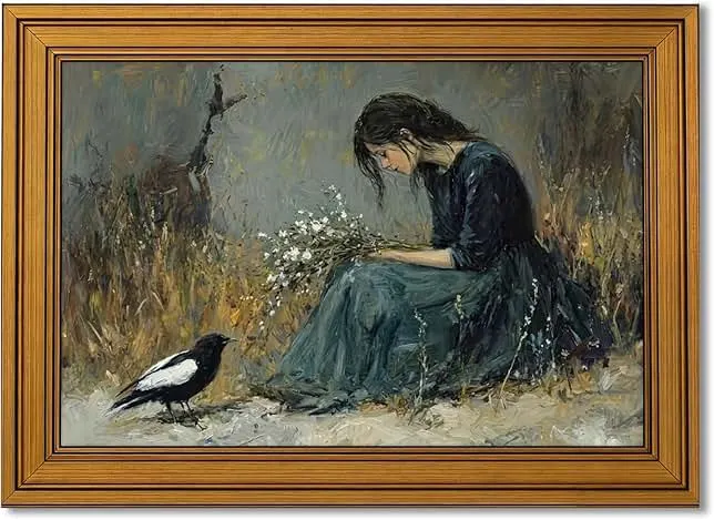 Vintage Gold Framed Canvas Wall Art, Girl Magpie Poster Artwork, Dark Moody Print Picture, Melancholic Aesthetic Painting Wall Decor, for Li…