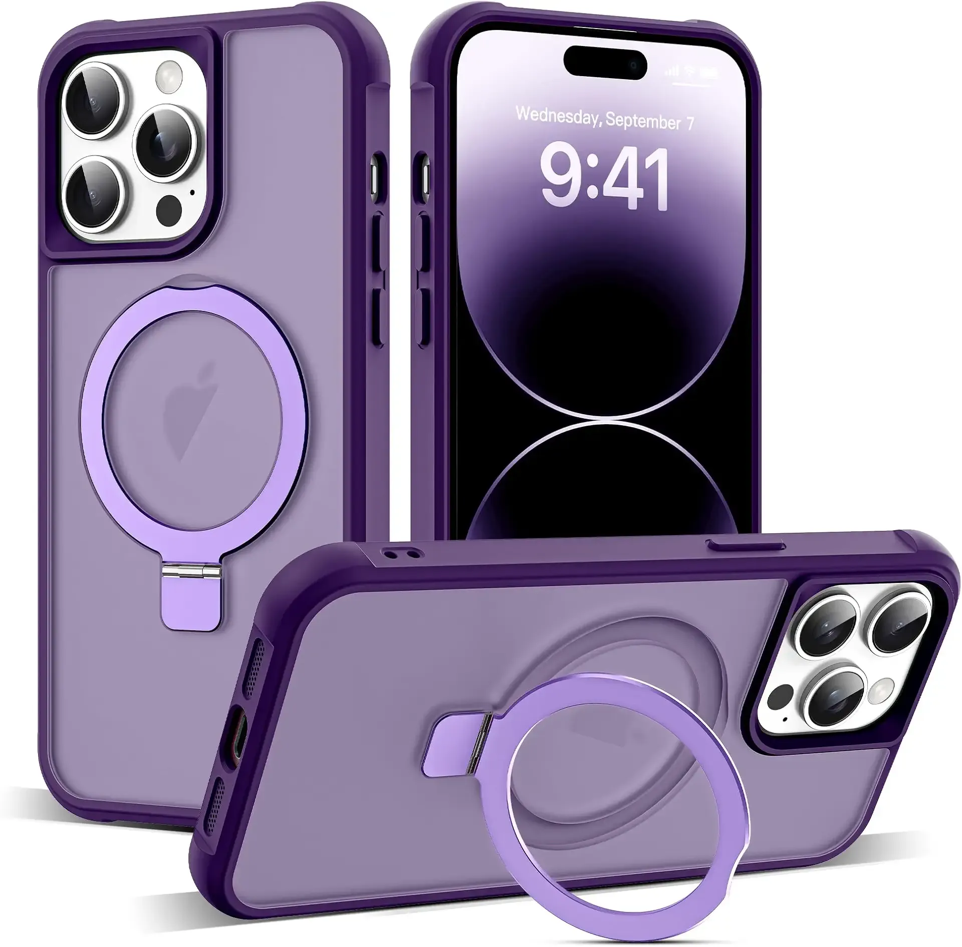 Compatible with iPhone 14 Pro Case with Invisible Magnetic O-Ring Stand Military-Grade Translucent Case for iPhone 14 Pro 6.1" [Compatible with Mag-Safe][Great Grip Feeling], Purple