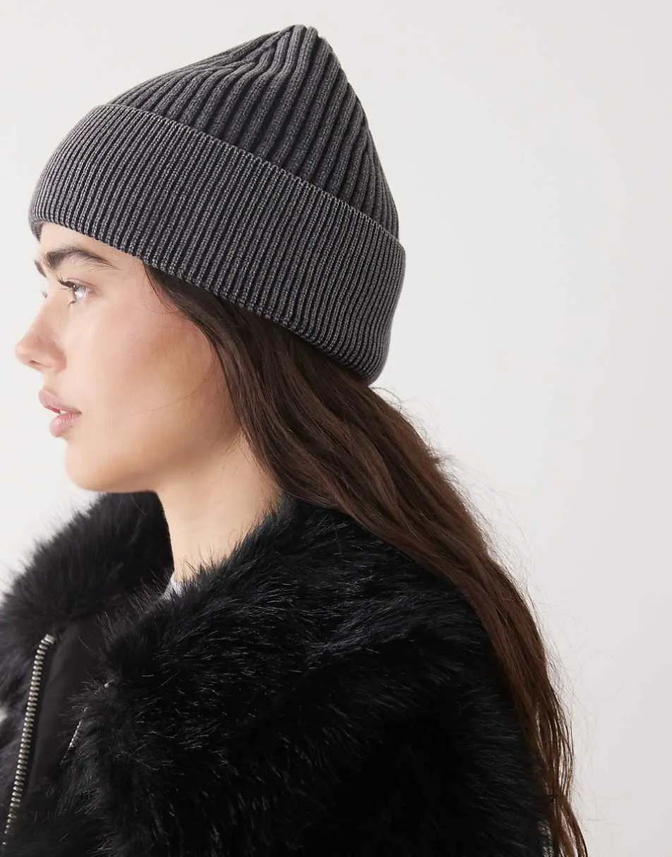 COLLUSION ribbed washed beanie in charcoal