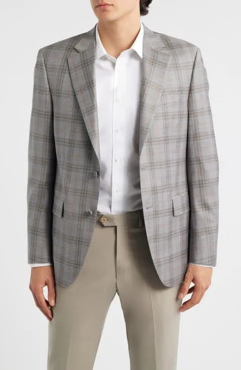 Flynn Classic Fit Light Grey & Brown Plaid Wool Sport Coat