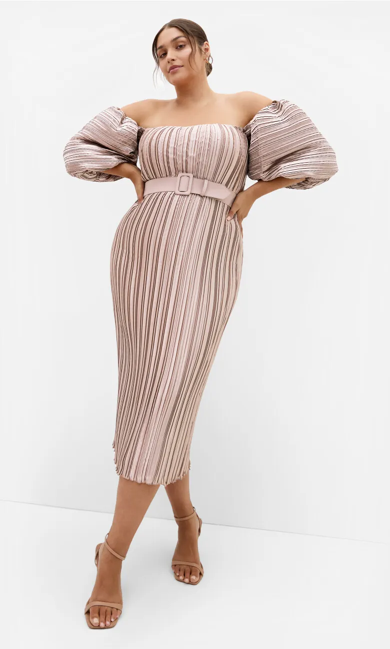 Krista Pleat Midi Dress - champagne