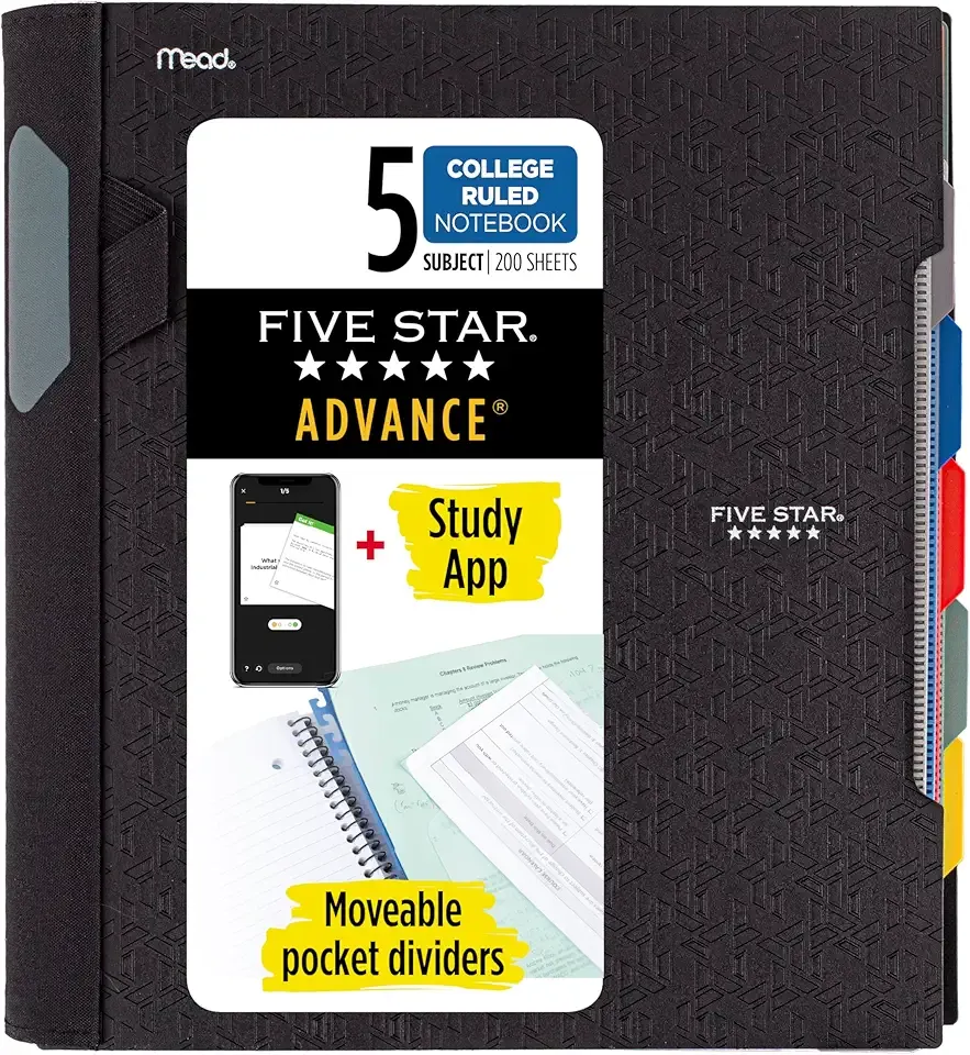 Five Star Advance Spiral Notebook + Study App, 5 Subject, College Ruled Paper, 8-1/2" x 11", 200 Sheets, Spiral Guard, Movable Tabbed Dividers, Black (73144)