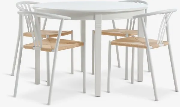 KIRKEBY + GUDERUP KIRKEBY Ø110 tafel wit + JYDERUP stoelen wit/naturel