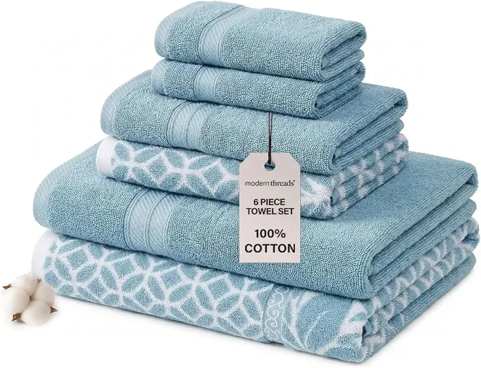 Modern Threads Trefoil Filigree 6-Piece 100% Cotton Towel Set – Reversible Yarn Dyed Jacquard – Includes 2 Bath Towels, 2 Hand Towels, 2 Washcloths – Absorbent, Quick Dry, Soft & Durable – Sky Blue