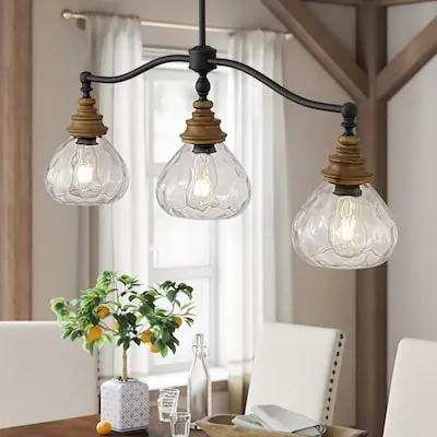 Modern Farmhouse Linear Chandelier 3 -Light Black Modern/contemporary Textured glass Cage Linear Large Hanging Kitchen Island Light