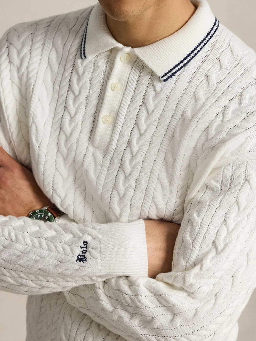 CABLE-KNIT POLO SWEATER