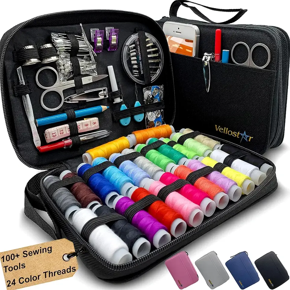 Vellostar Sewing Kit for Adults & Beginners - A Portable Hand Needle and Thread Kit with Premium Sewing Supplies and Accessories for Emergency Clothing Repairs, Travel, and Home Mending