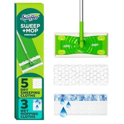 Sweep and Mop 2-in-1 Dry + Wet Floor Mopping and Sweeping Kit (1 Sweeper, 5 Heavy Duty Dry Cloths, 3 Heavy Duty Wet Cloths)