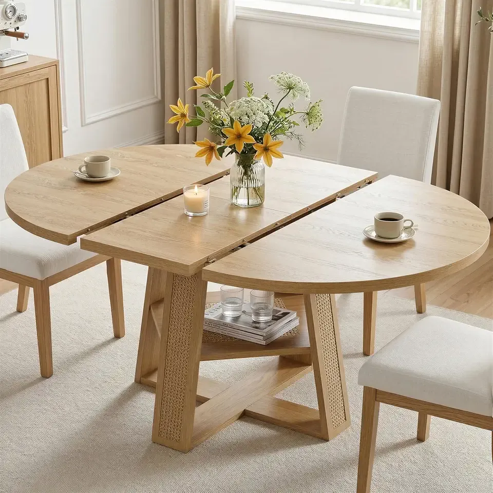 LIKIMIO Dining Table, 43"-59" Extendable Round Table with Storage, Natural