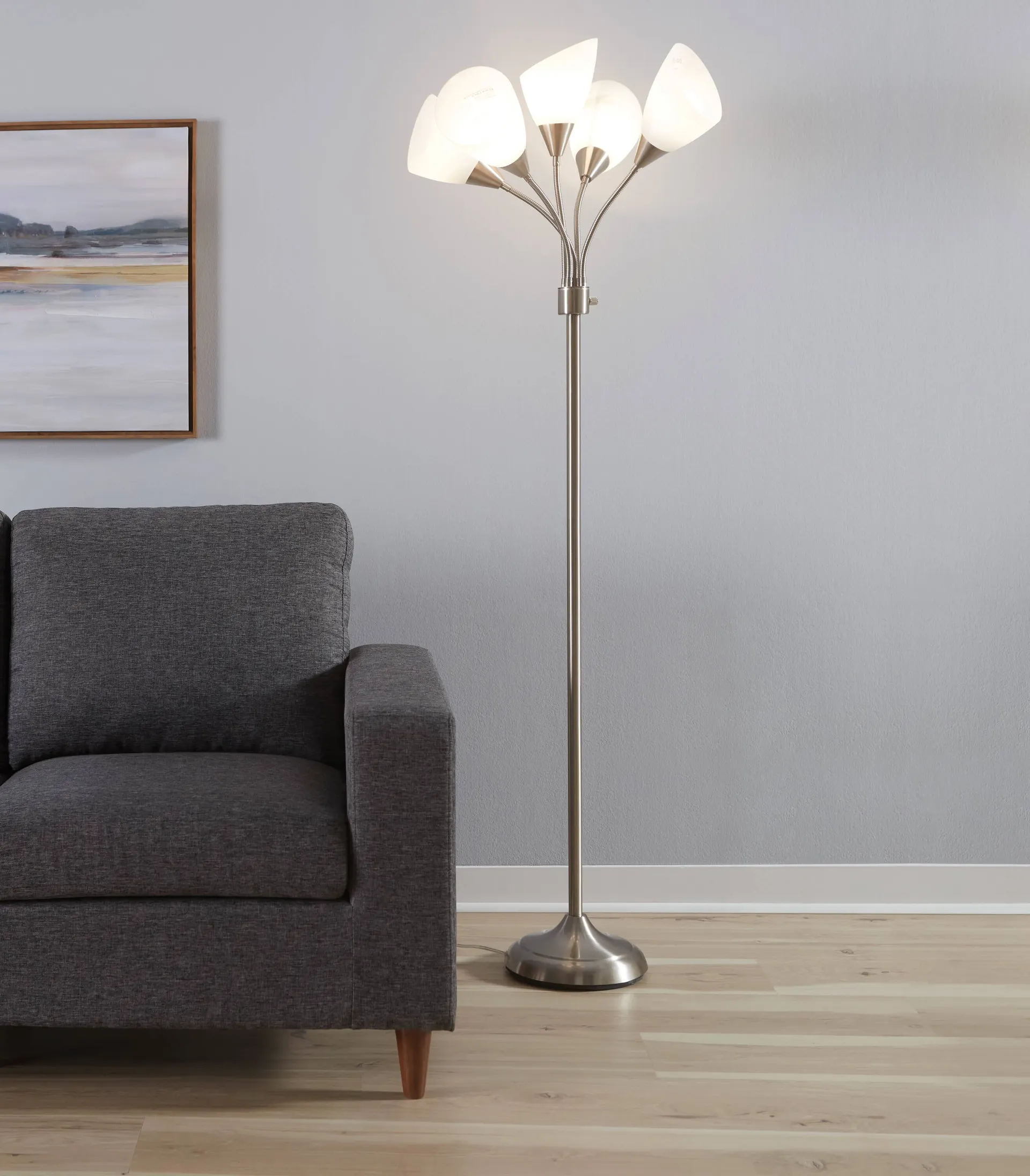 67-in Brushed Steel Multi-head Floor Lamp with Plastic Shade