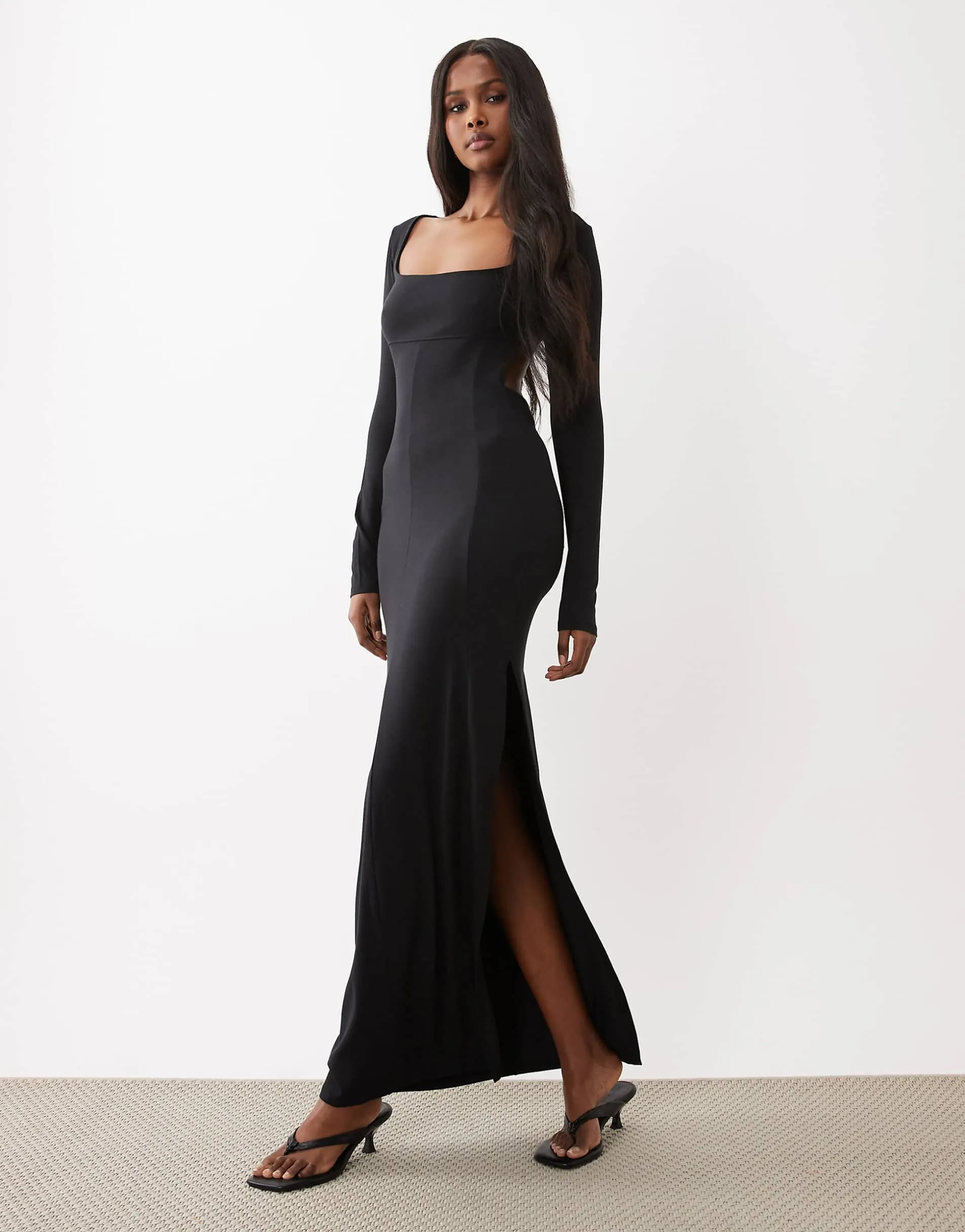 ASOS DESIGN long sleeve maxi dress with back cut out and ruching in black