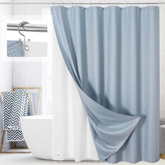 Craidlela 3 in 1 Shower Curtain Set, Fog Blue Waffle Shower Curtain and PEVA Liner Set with 12 Stainless Steel Shower Curtain Hooks, Waterproof Fabric Shower Curtains for Bathroom, 72 W x 72 H